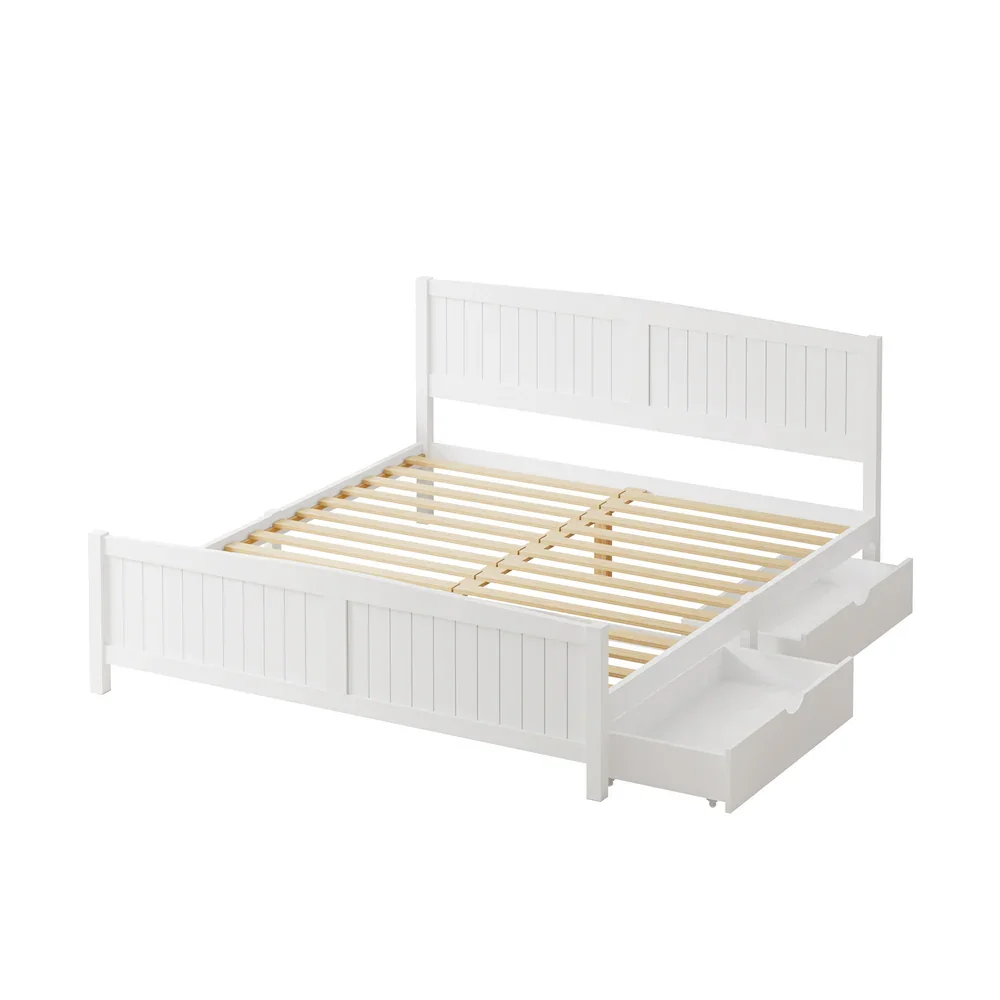 Wooden Bed Frame King Size with Trundle Drawers White - Image 3