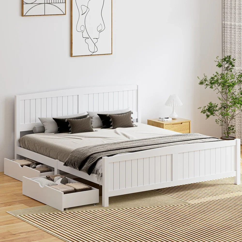 Wooden Bed Frame King Size with Trundle Drawers White - Image 6