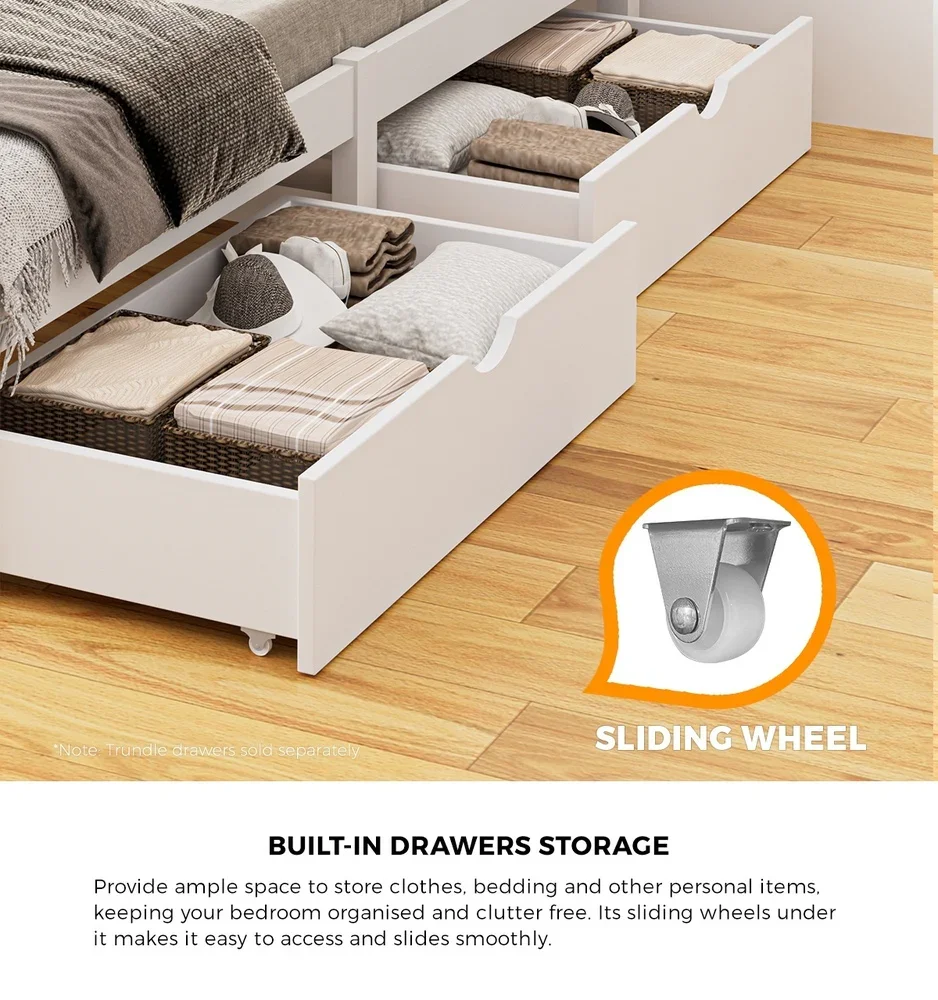 Wooden Bed Frame King Single with Trundle Drawers White - Image 4