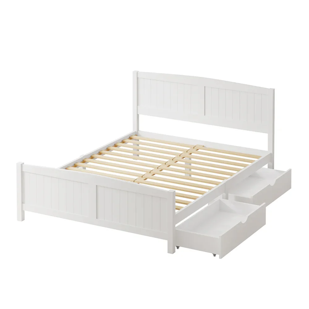 Wooden Bed Frame Queen Size with Trundle Drawers White - Image 6
