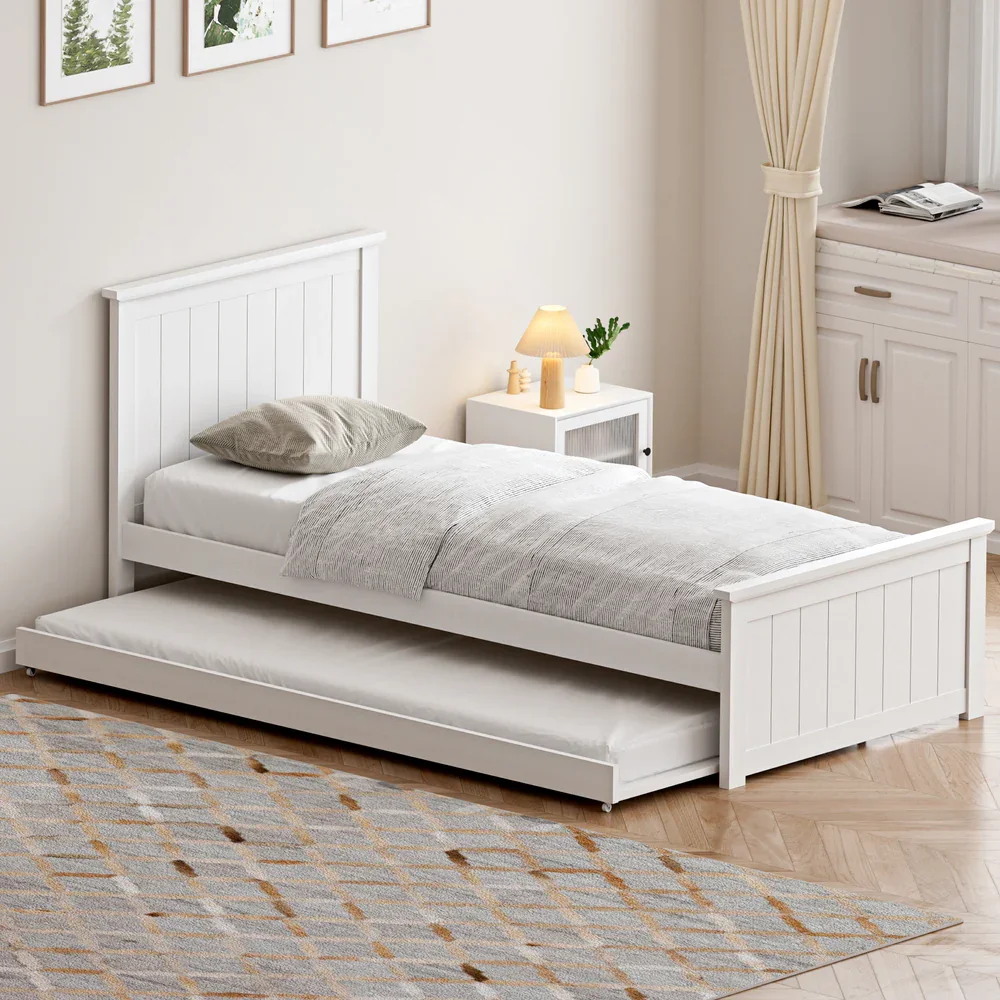 Trundle Bed Frame Single Size Wooden Daybed White - Image 3