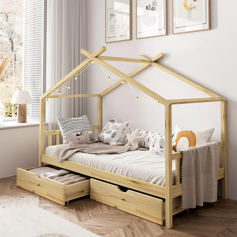 House Bed Frame Wooden Single Size with Drawers - Image 9