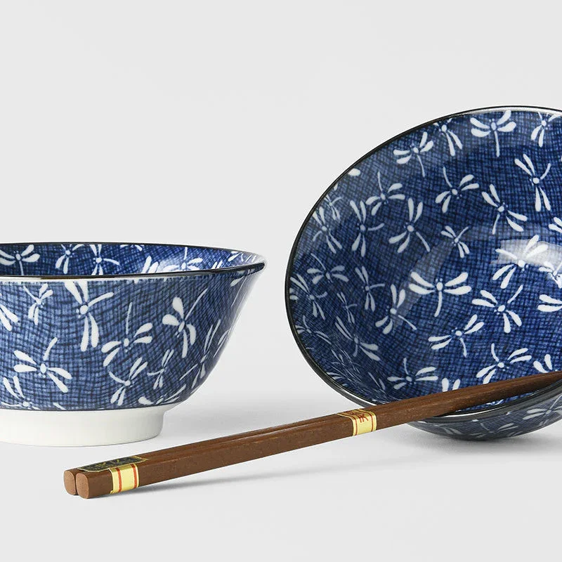 Bowl Set 2pcs with Chopsticks Indigo Dragonfly Design - Image 2