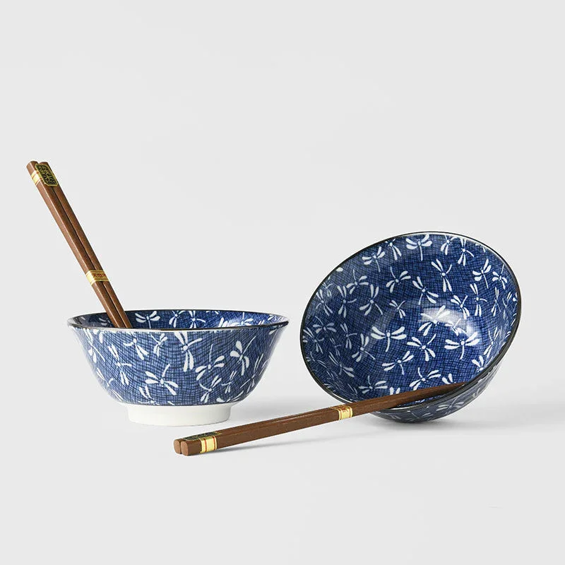 Bowl Set 2pcs with Chopsticks Indigo Dragonfly Design - Image 4