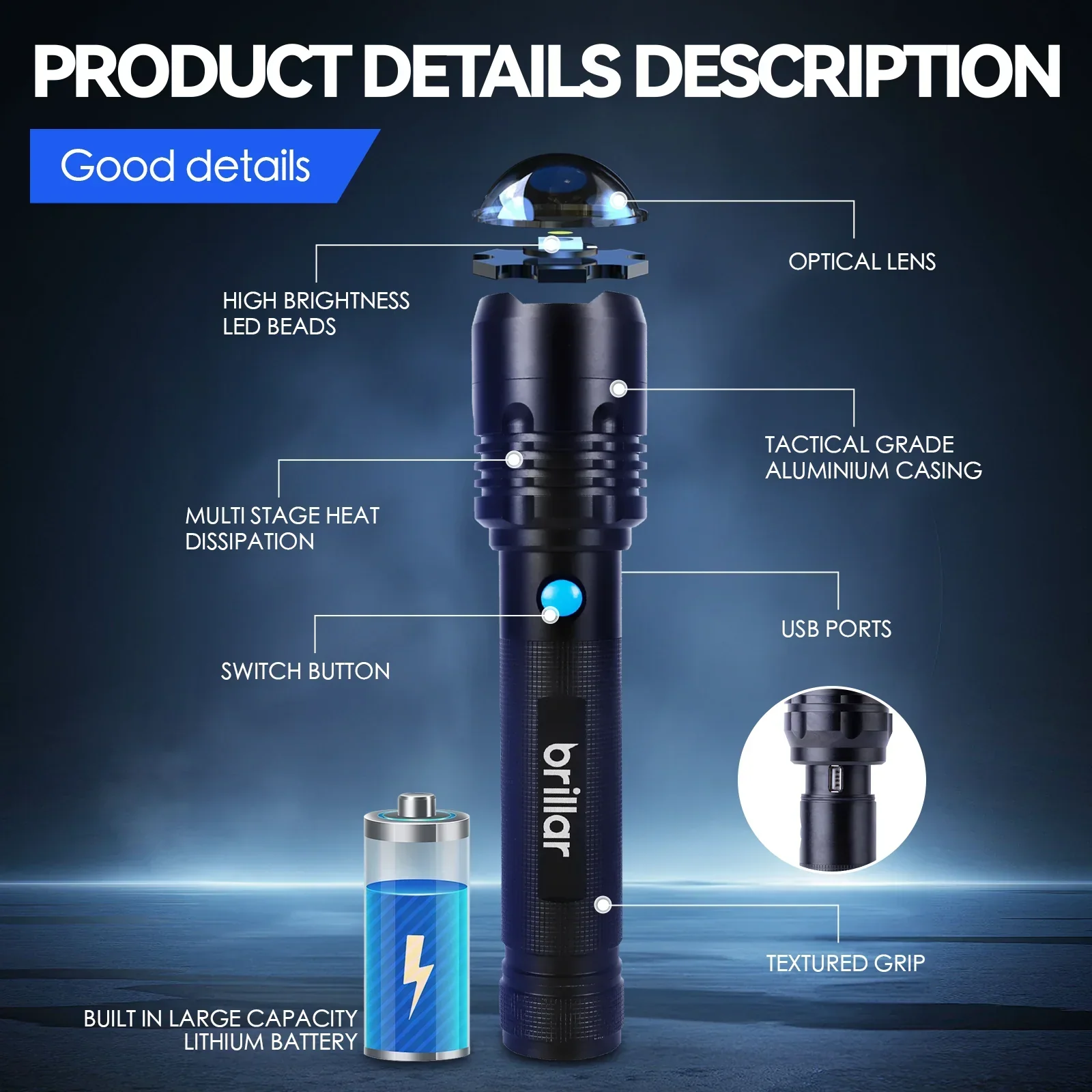 Brillar Commander - 4000 Lumen USB Rechargeable Torch - Image 3