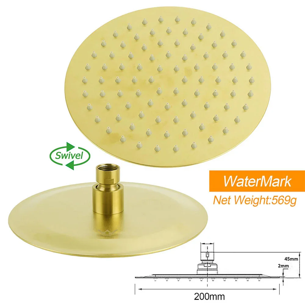 Brushed Gold 2in1 Shower Set 8" Round Head Stainless Steel Handheld Sliding Rail Arm + Twin Taps - Image 6