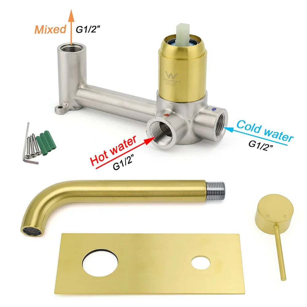 Brushed Gold Round Wall Mounted Basin Mixer Vanity Sink Tap Faucet Curve Spout - Image 7