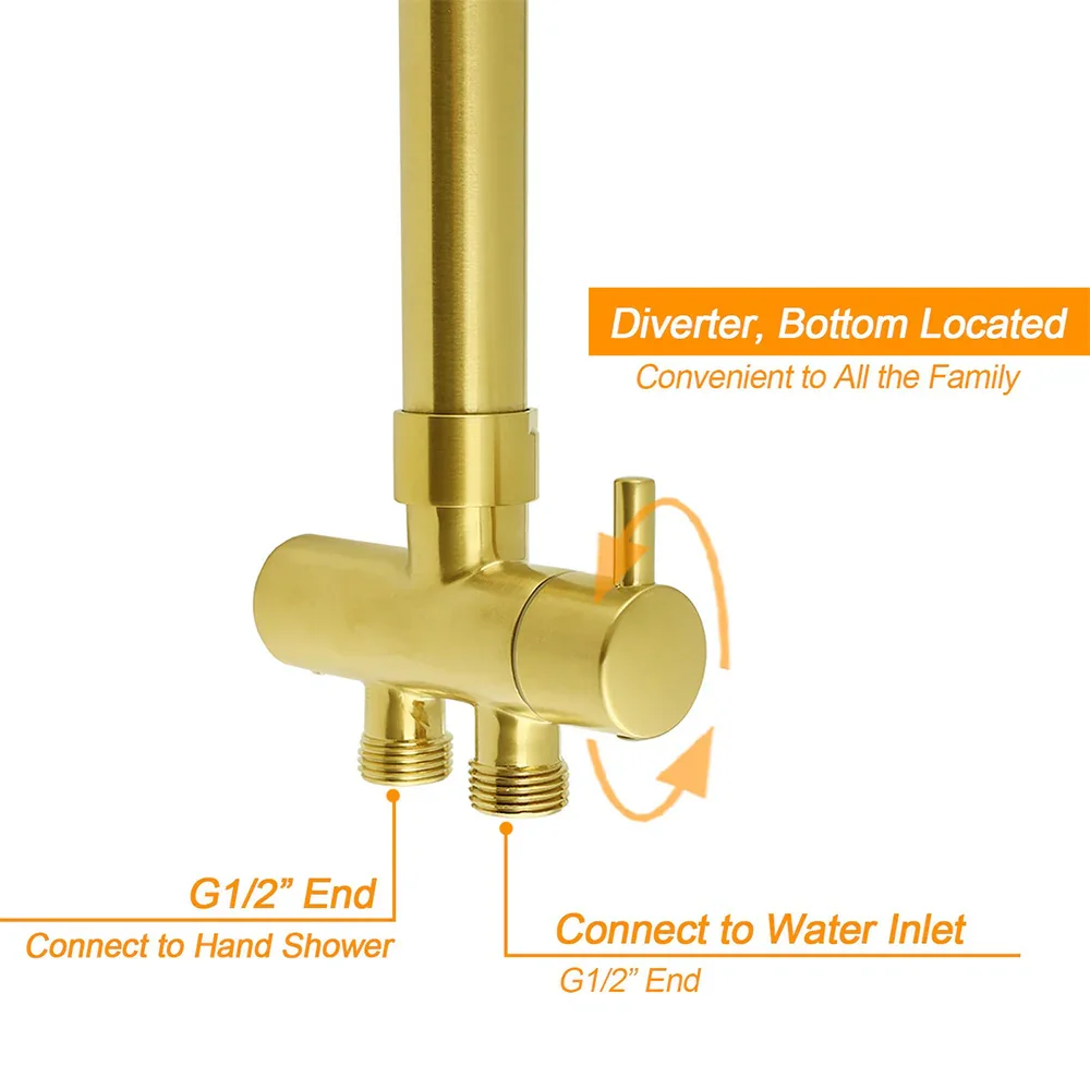 Brushed Gold Square 12" Rain Head 3 Mode Handheld Rose Sliding Rail Wall Arm Dual Shower Taps Set - Image 5