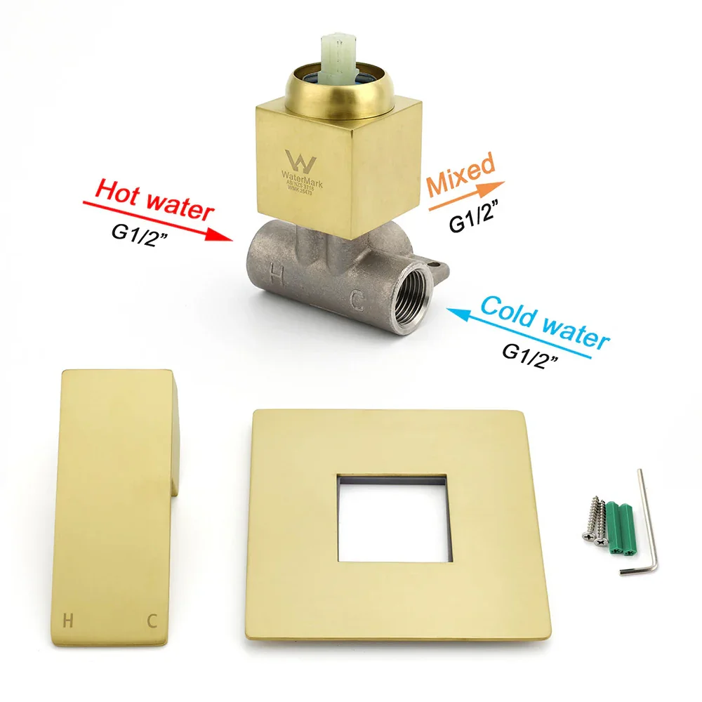 Brushed Gold Square Bath Shower Mixer Hot Cold Tap Ceramic Cartridge For Bath Set - Image 3