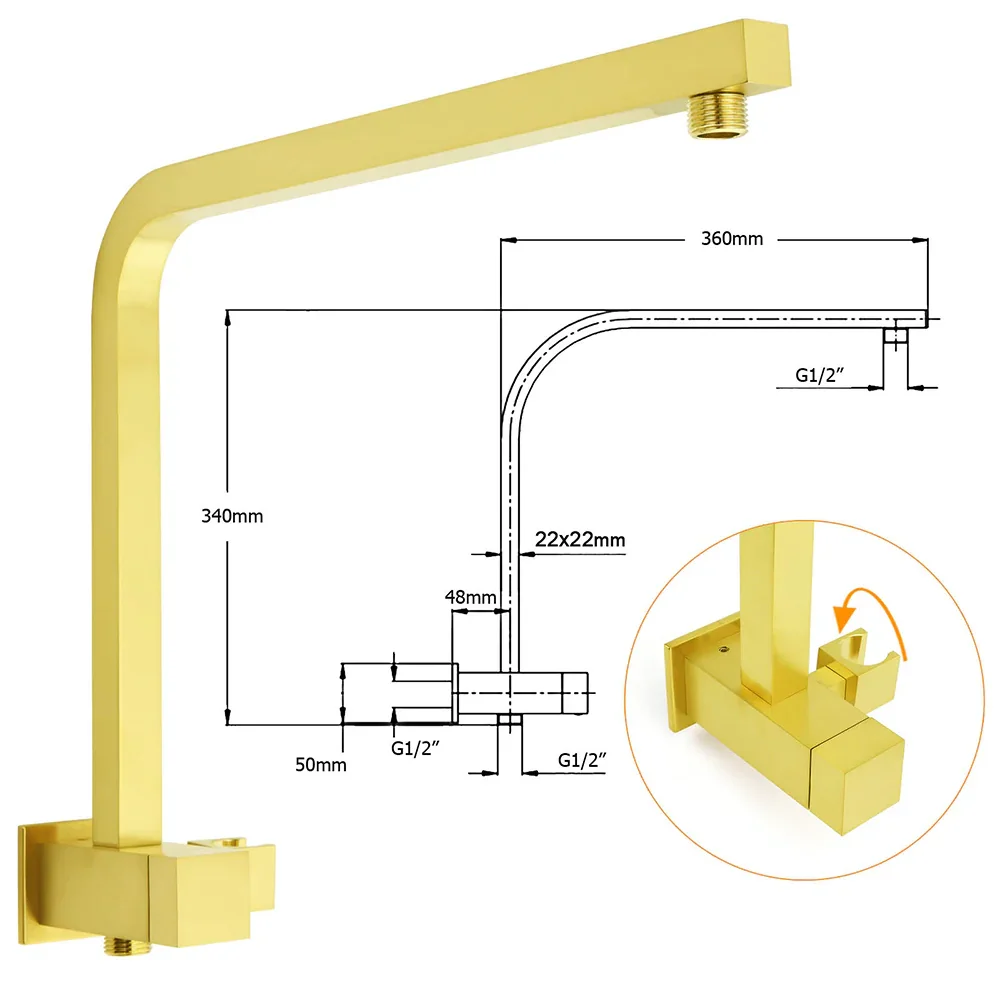 Brushed Gold Twin Shower 10" Rain Head Handheld Diverter Wall Arm Set Square Taps - Image 3