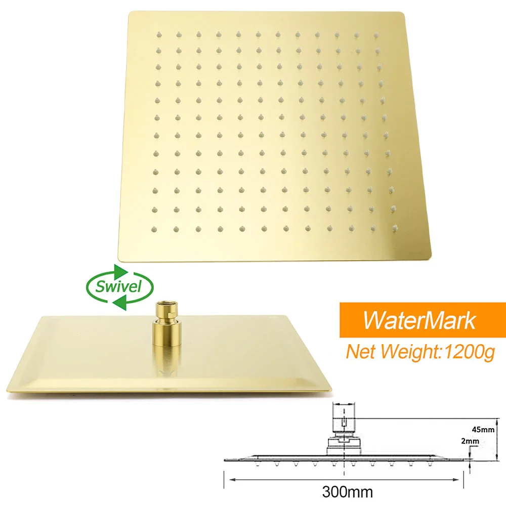 Brushed Gold Twin Shower 12" Rain Head Handheld Diverter Gooseneck Arm Set Square Wall Mixer - Image 6