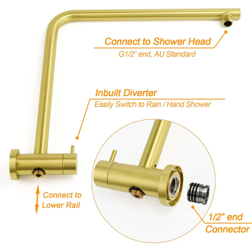 Brushed Gold Twin Shower Large Round 12" Rain Head Handheld Silde Wall Rail Arm Small Face Mixer - Image 4