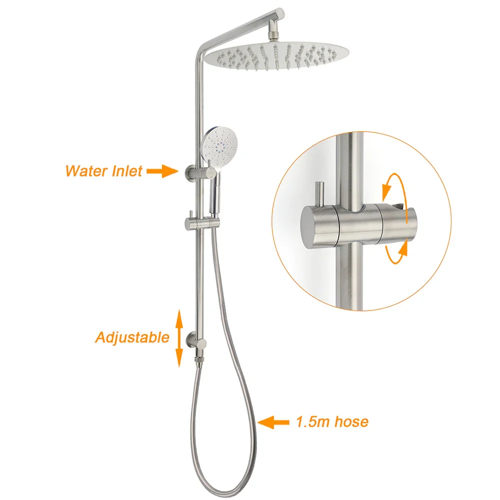 Brushed Nickel 2in1 Shower Set Sliding Rail Arm 12" Round Head Handheld Twin Taps Hot Cold Water Control - Image 2