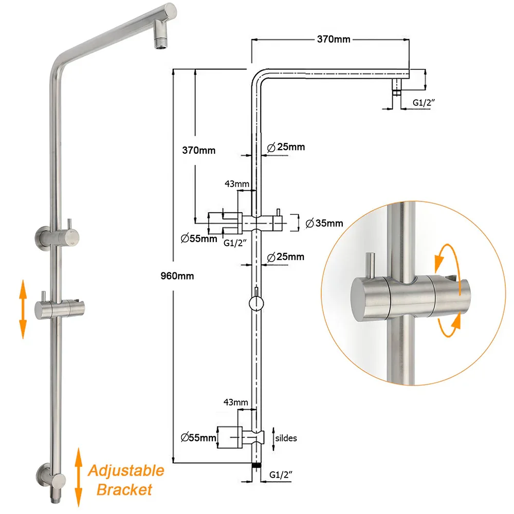 Brushed Nickel 2in1 Shower Set Sliding Rail Arm 8" Round Head Metal Handheld Hot Cold Mixer Valve - Image 3