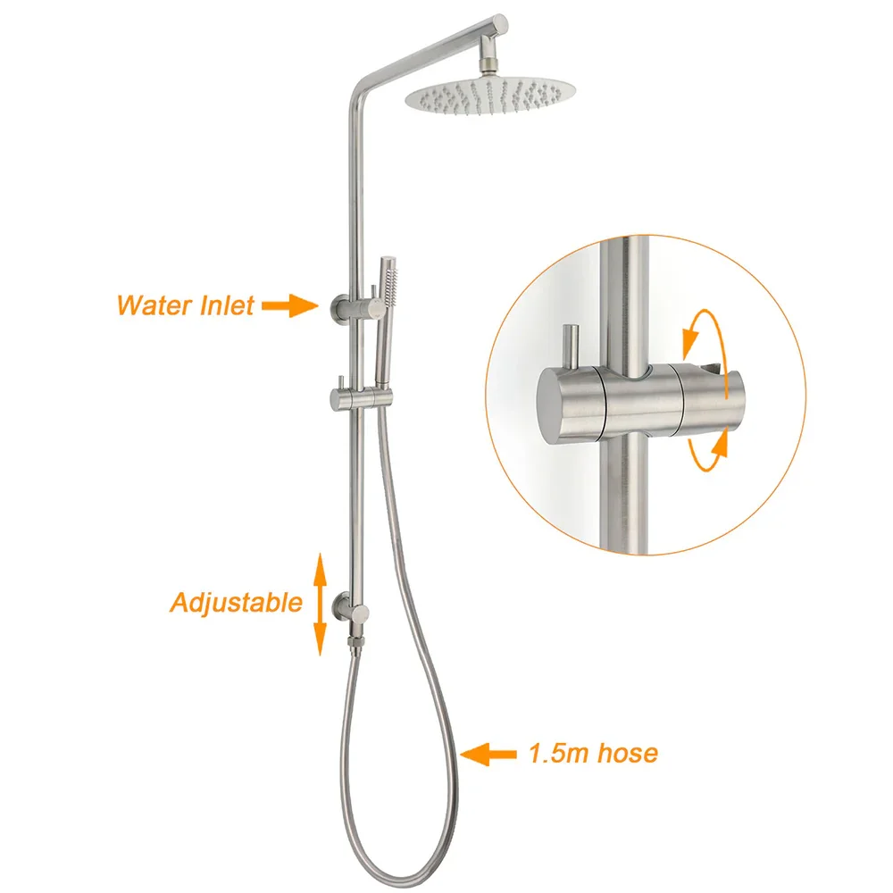 Brushed Nickel 2in1 Shower Set Sliding Rail Arm 8" Round Head Stainless Steel Handheld Twin Taps Valve - Image 2