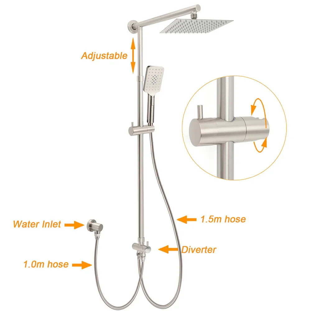 Brushed Nickel 2in1 Square 8" Thin Rainfall Head Shower Handheld Sliding Rail Arm Set - Image 2