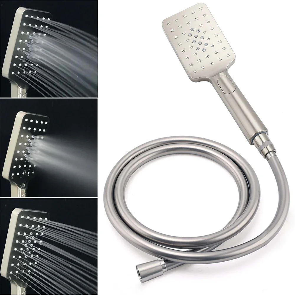 Brushed Nickel 8" Rain Head Shower Square 3 Modes Handheld Sliding Rail Arm Mixer Dual Set - Image 7