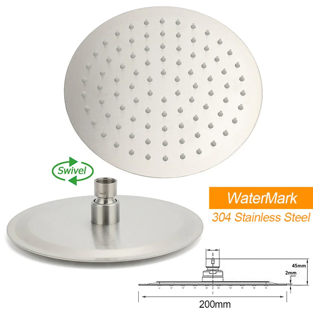 Brushed Nickel 8" Round Rainfall Shower Head 360°Swivel Gooseneck Wall Arm Set - Image 4