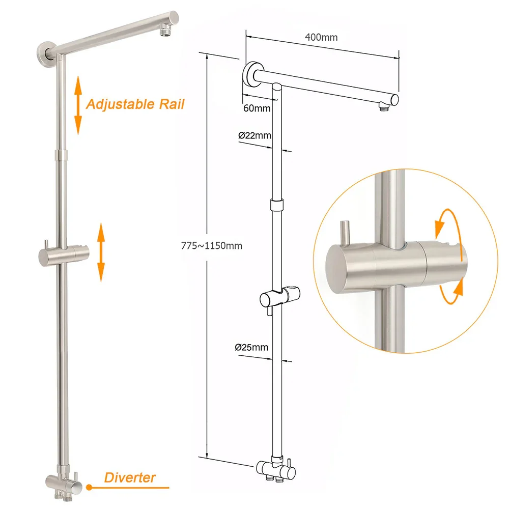 Brushed Nickel 8" Thin Rain Head Twin Shower Handheld Sliding Rail Arm Set With Mixer - Image 3