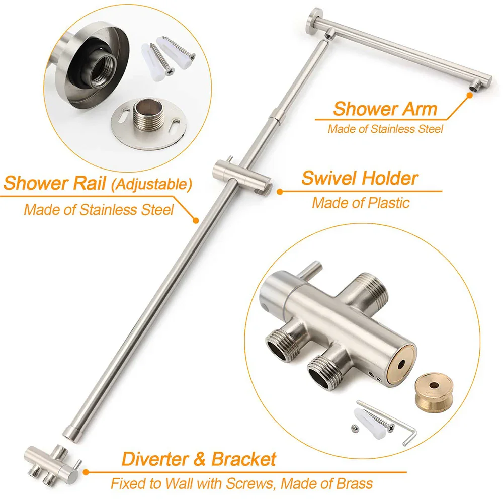 Brushed Nickel Round 8" Rain Head Shower 1 Mode Handheld Sliding Rail Arm Mixer 2in1 Set - Image 4