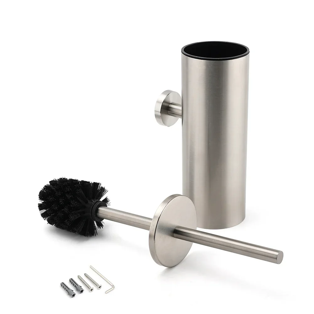 Brushed Nickel Silver Round Toilet Brush Stainless Steel Wall Mounted Holder Cup - Image 4
