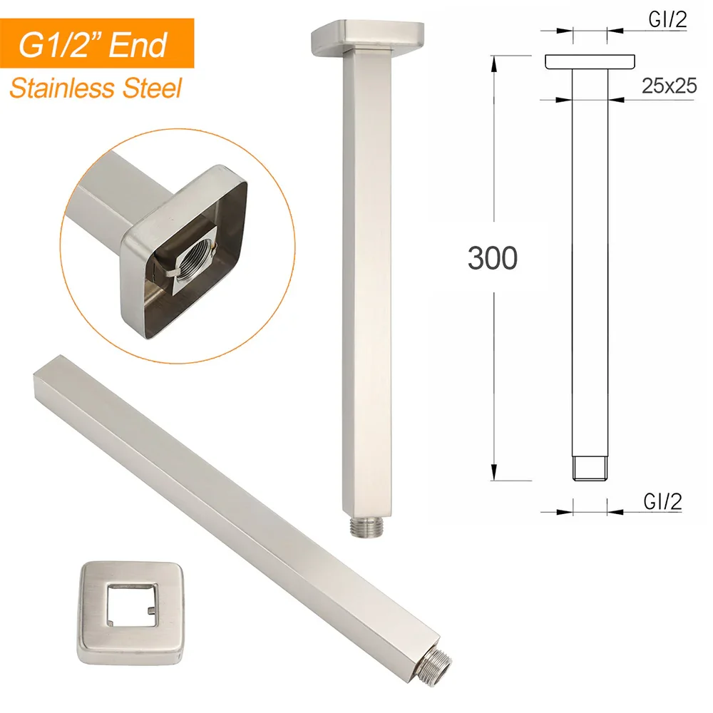 Brushed Nickel Square 10" Rain Shower Head 300mm Brass Ceiling Dropper Arm Set - Image 3