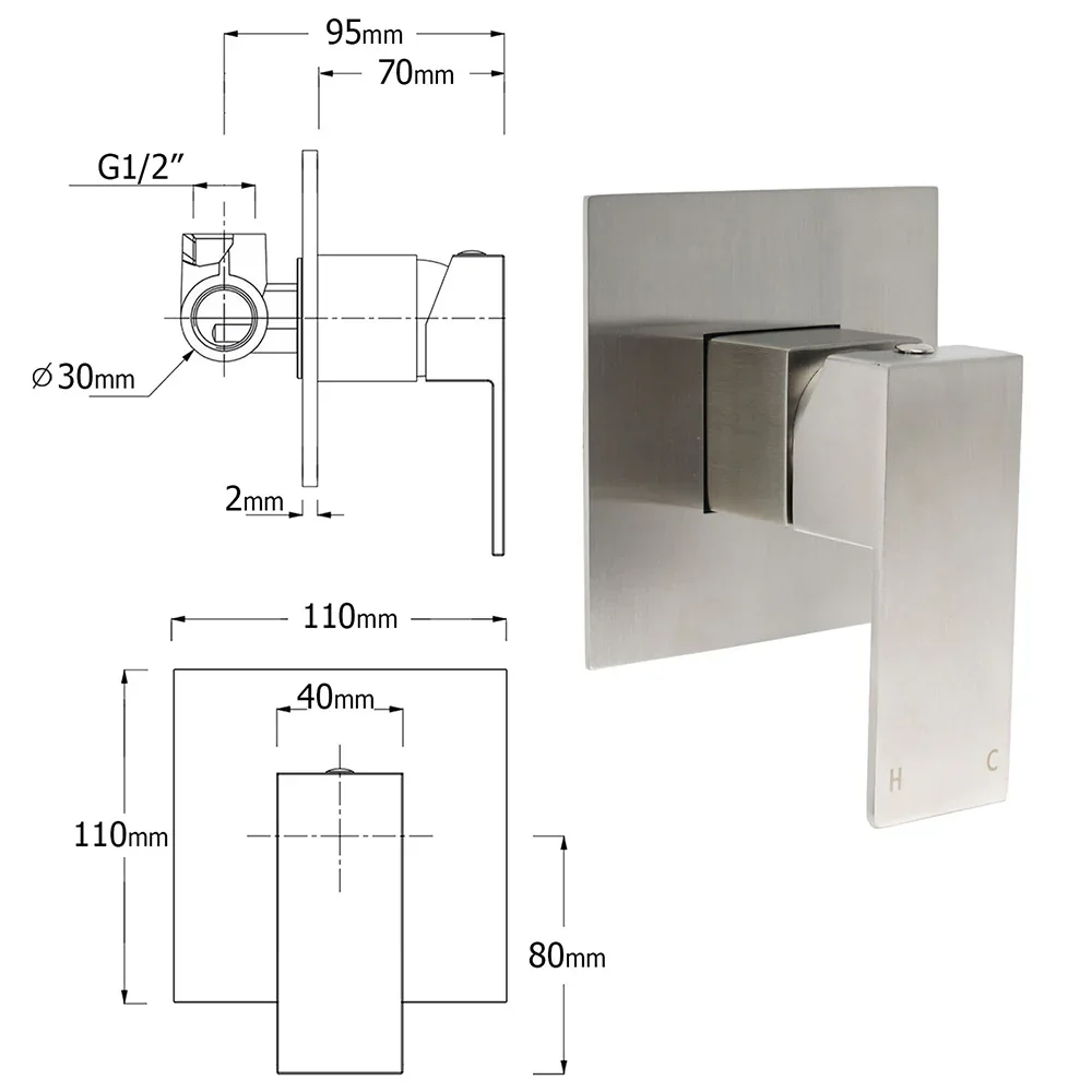 Brushed Nickel Square Twin Shower Set 12" Rain Head 3 Modes Handheld Silding Rail Wall Mixer - Image 8