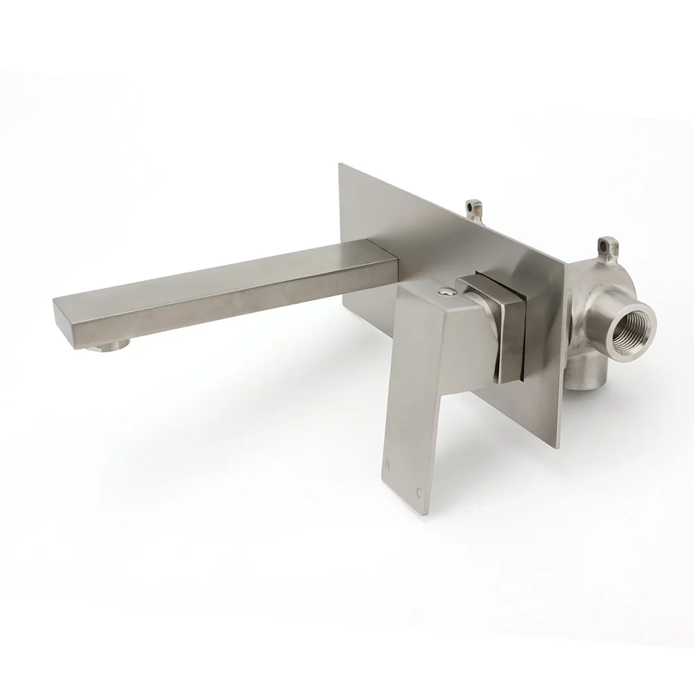 Brushed Nickel Square Wall Mount Basin Mixer Laundry Vanity Tap Spout Faucet Set - Image 2