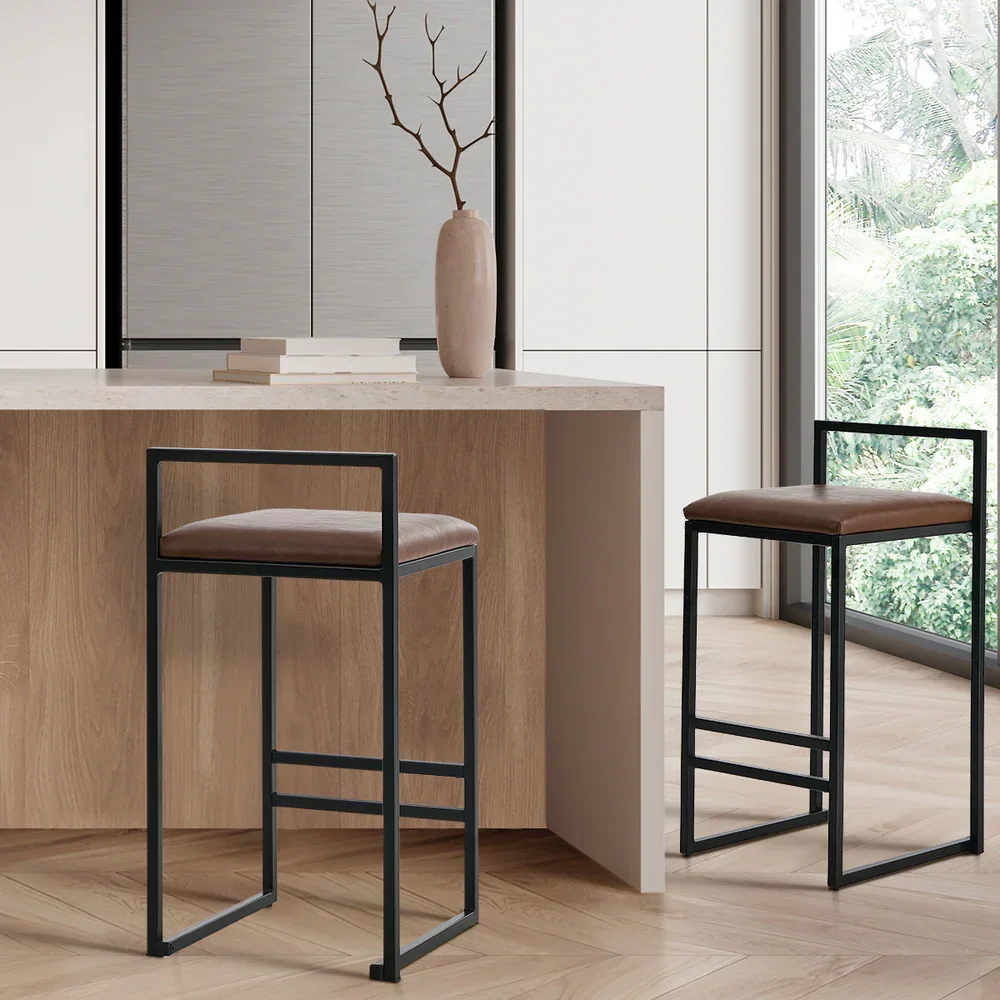 2x Bar Stools Metal Counter Chair Barstools Brown Leather