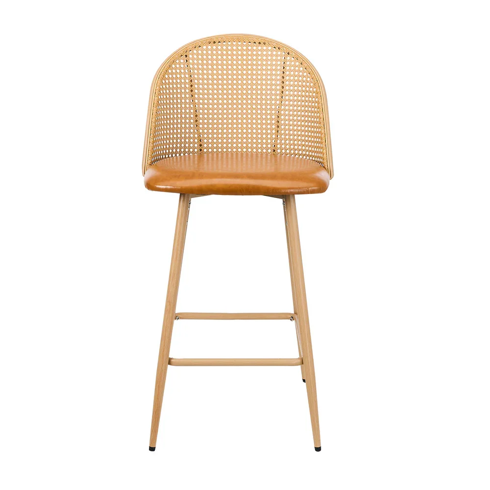 2x Bar Stools Rattan Dining Chair Natural PU Brown - Image 3