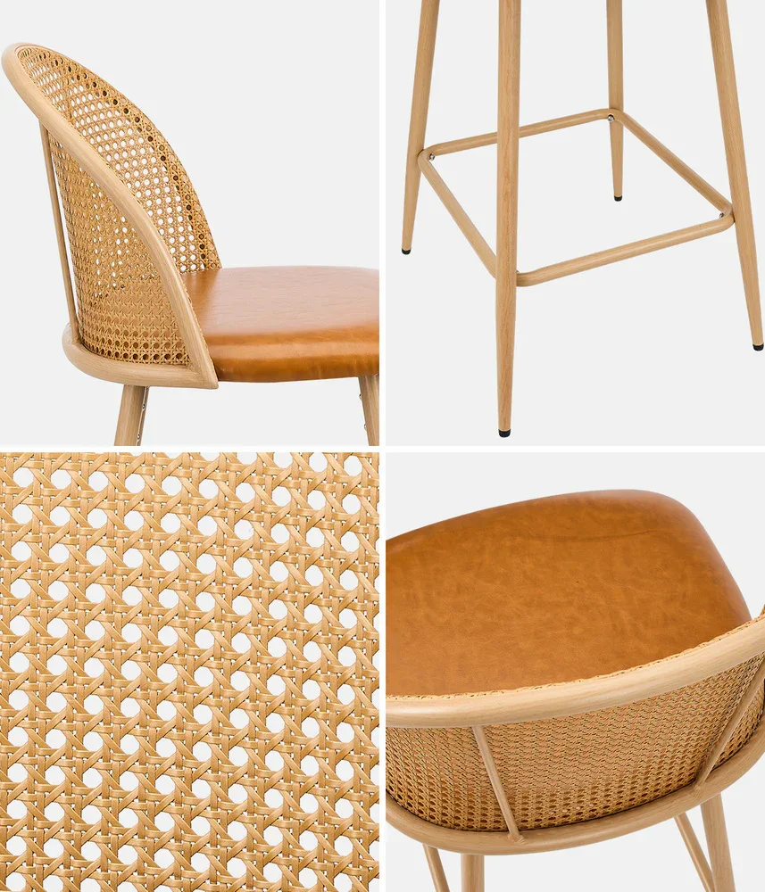 2x Bar Stools Rattan Dining Chair Natural PU Brown - Image 5