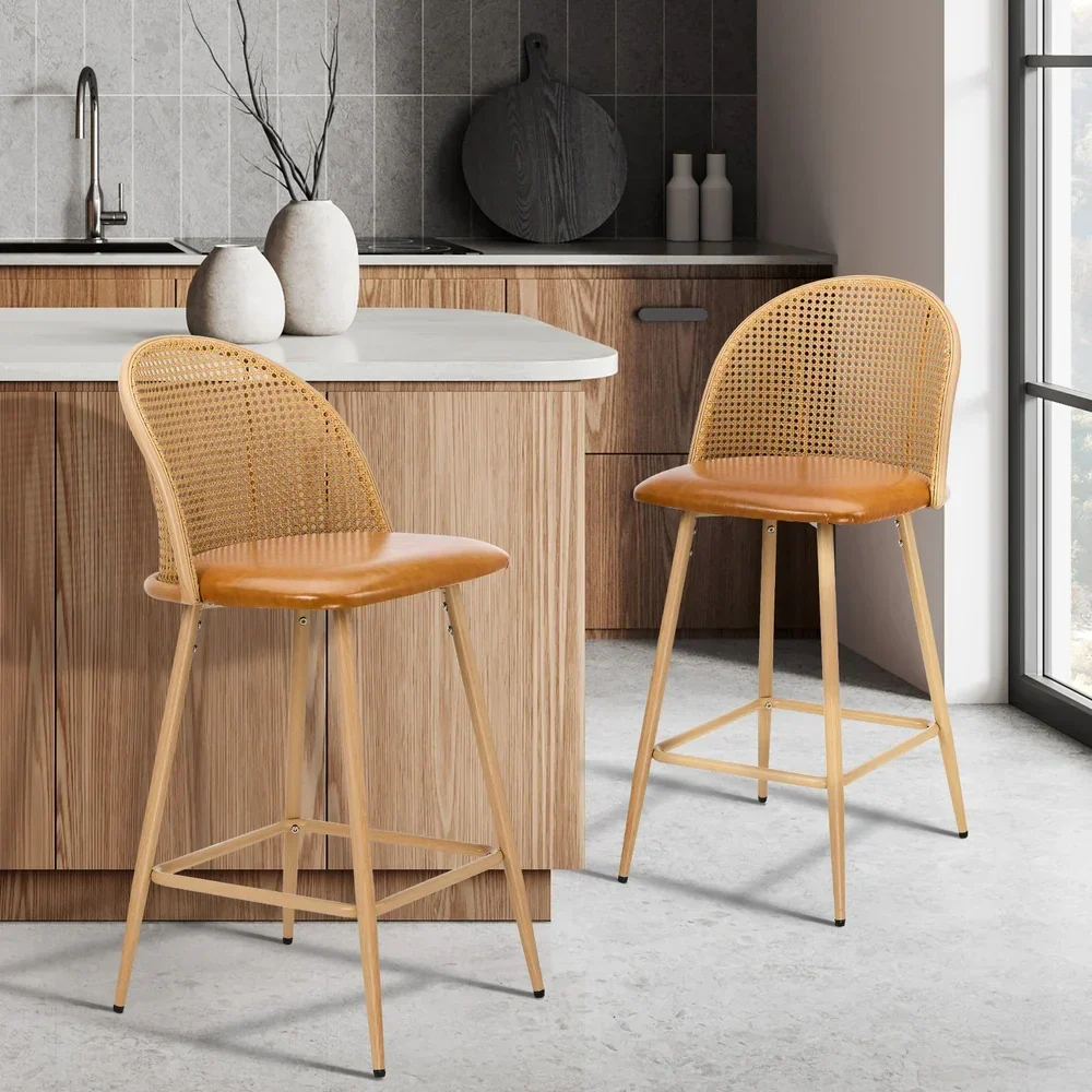 2x Bar Stools Rattan Dining Chair Natural PU Brown - Image 8