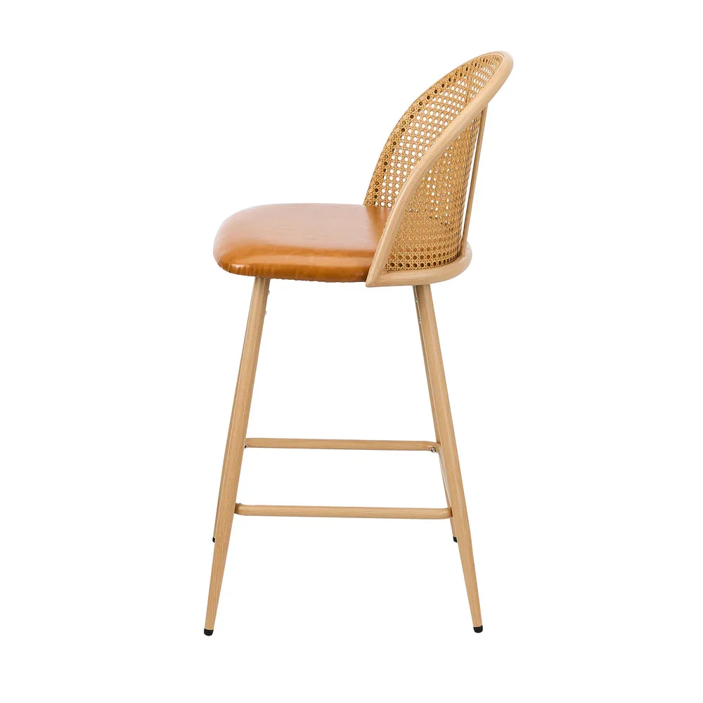 2x Bar Stools Rattan Dining Chair Natural PU Brown - Image 9