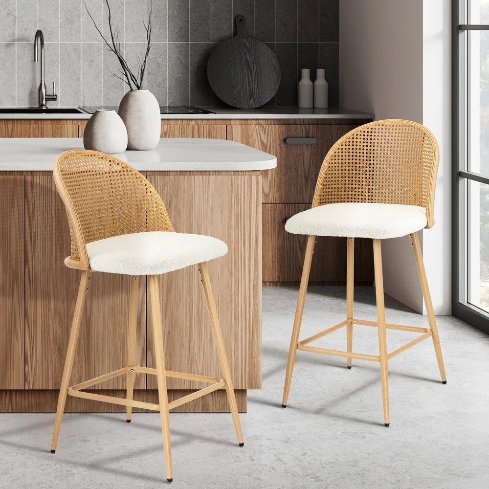 2x Bar Stools Rattan Dining Chair Natural Boucle White - Image 3