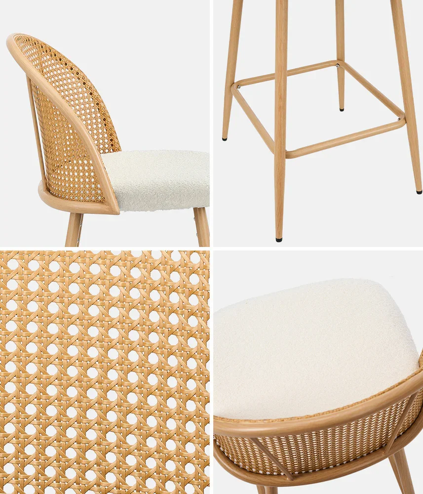 2x Bar Stools Rattan Dining Chair Natural Boucle White - Image 5