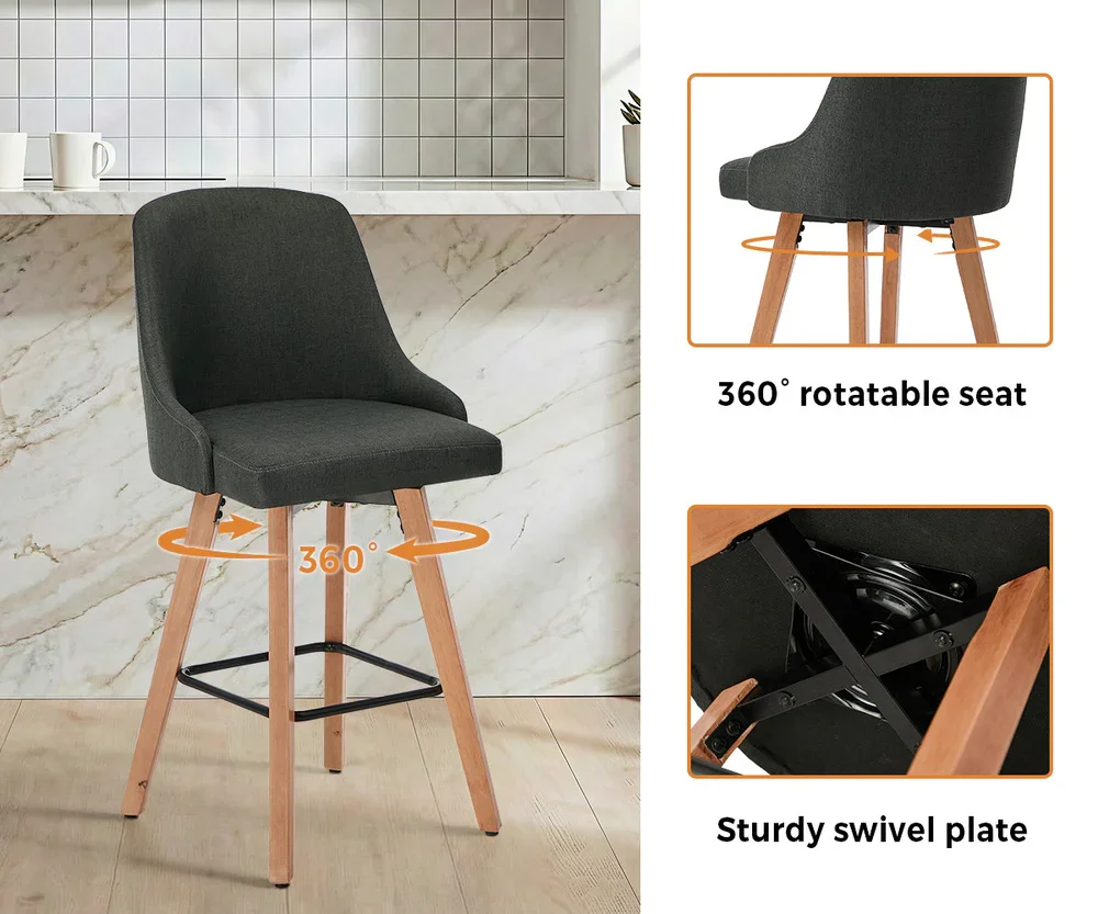 4x Bar Stools Kitchen Dining Chairs Wooden Stool Linen Grey - Image 5