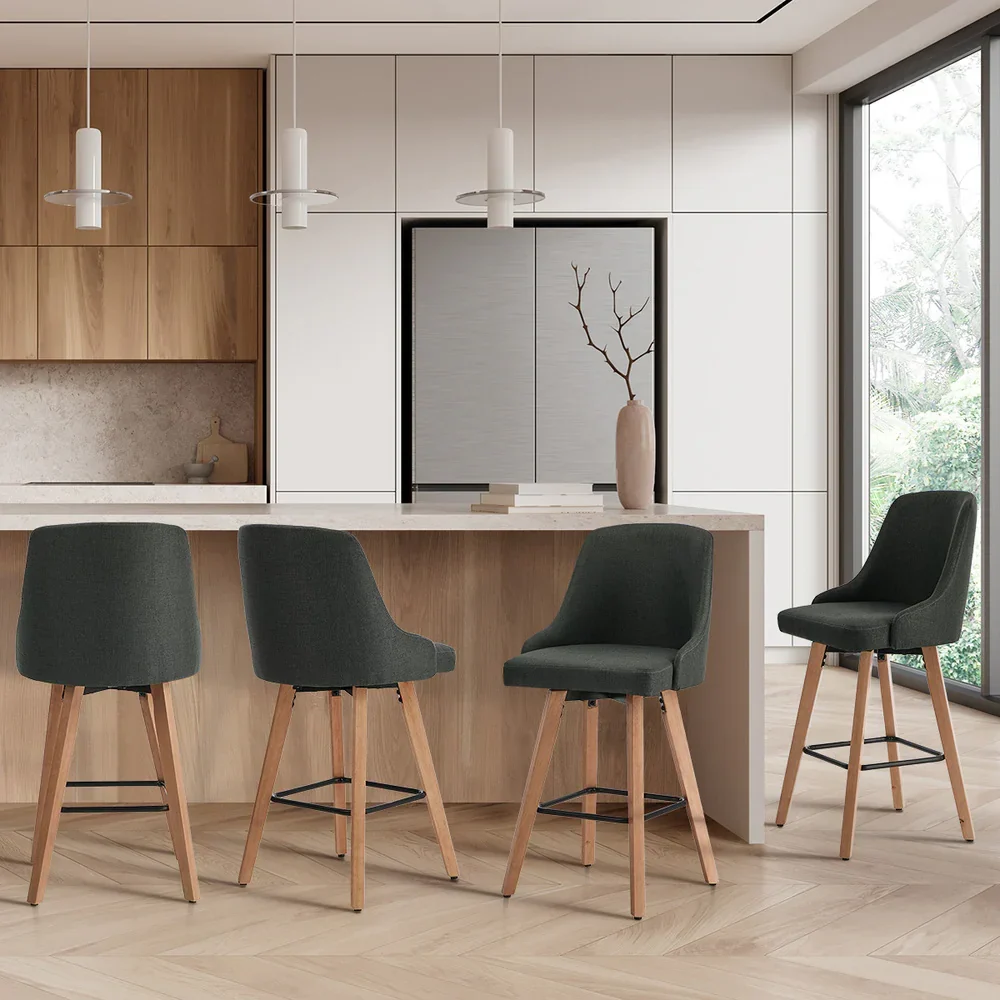 4x Bar Stools Kitchen Dining Chairs Wooden Stool Linen Grey - Image 9