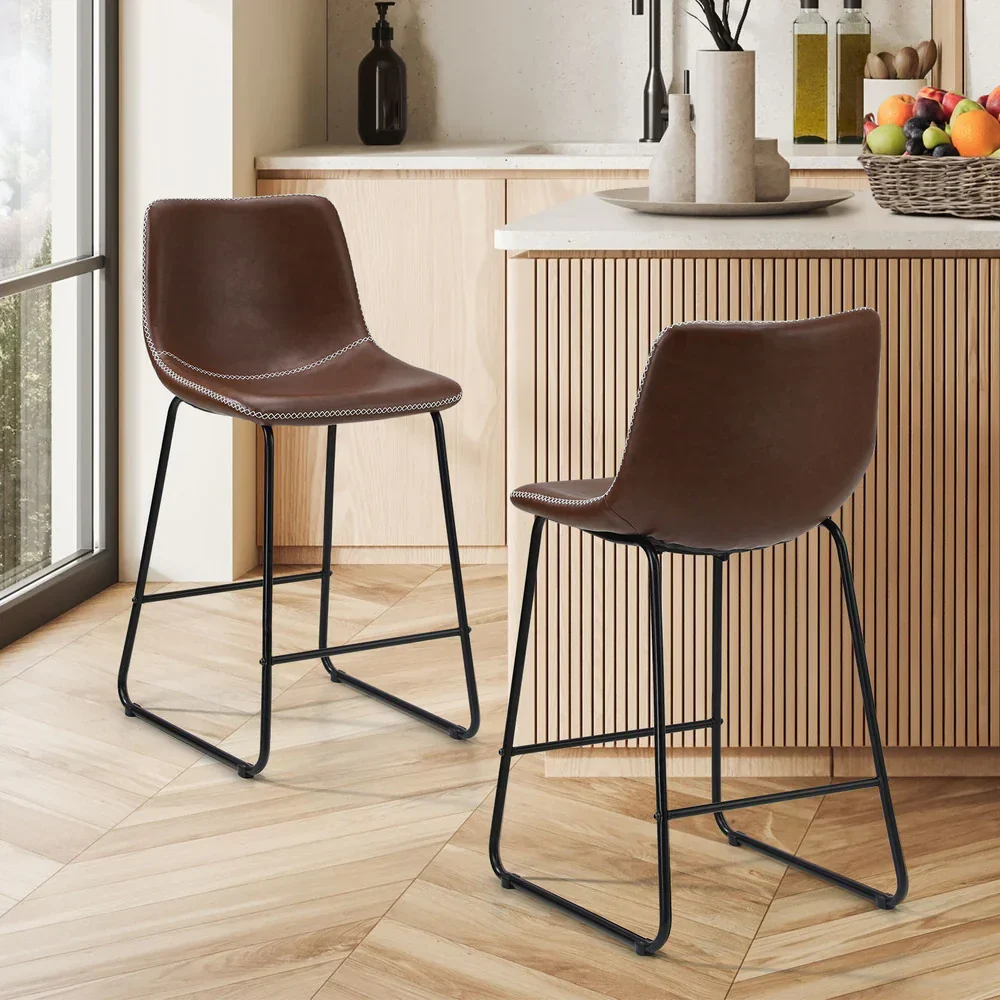 2x Bar Stools Leather Padded Stool Brown - Image 3
