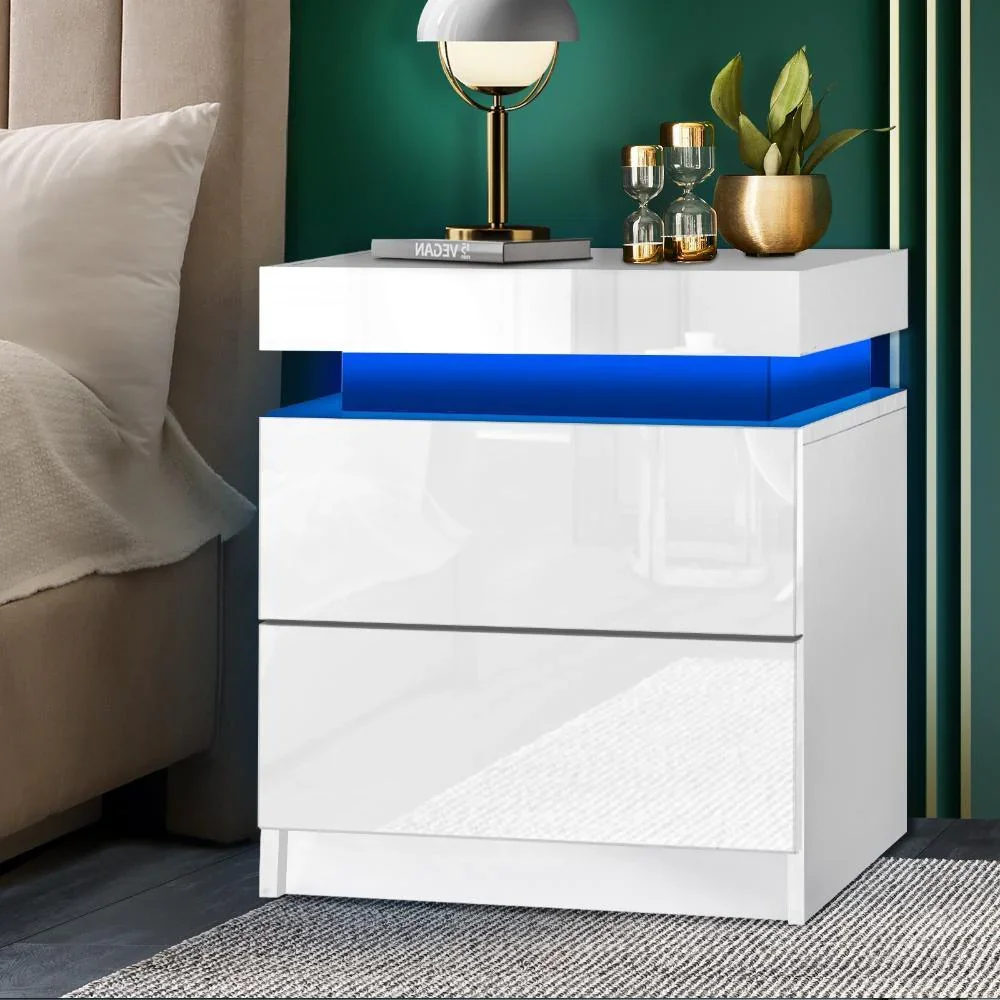 Bedside Table RGB LED 2 Drawers White - Image 2