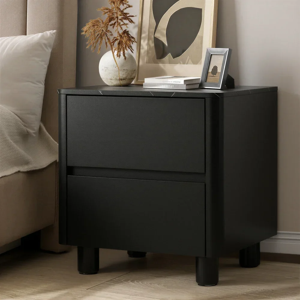 Bedside Table 2 Drawers Storage Cabinet Nightstand Black - Image 2