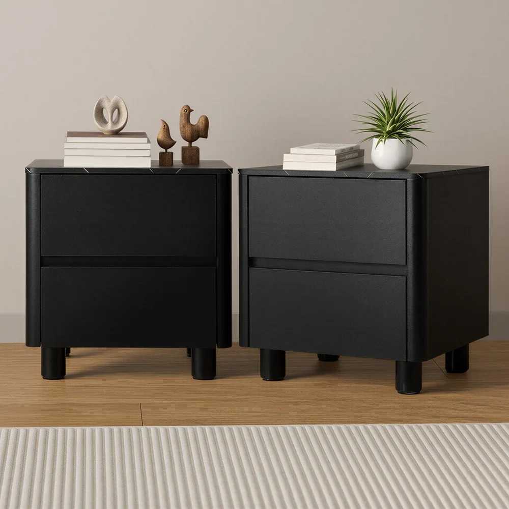 2x Bedside Table 2 Drawers Storage Cabinet Nightstand Black - Image 2