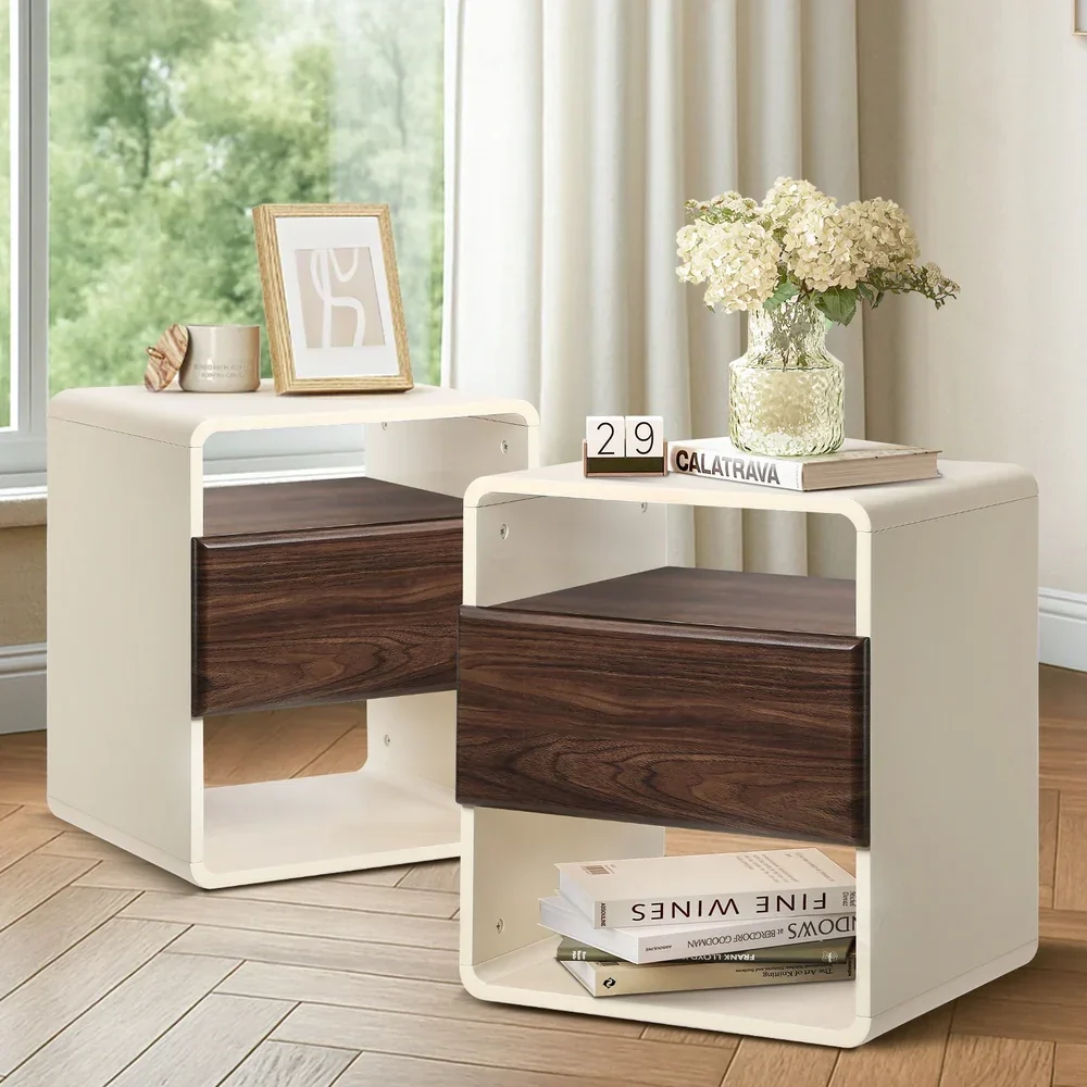 2x Bedside Table With Drawer Open Shelves Retro-Modern