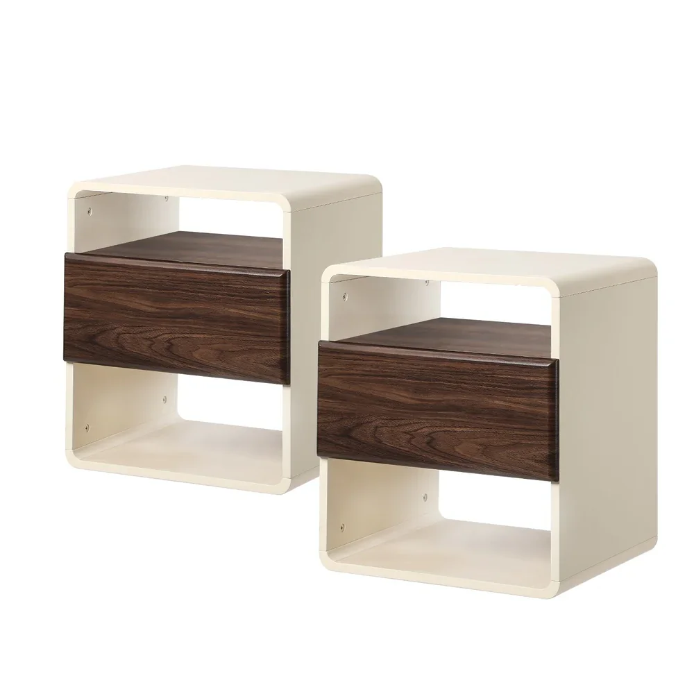 2x Bedside Table With Drawer Open Shelves Retro-Modern - Image 2