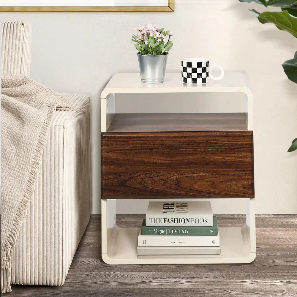 2x Bedside Table With Drawer Open Shelves Retro-Modern - Image 7