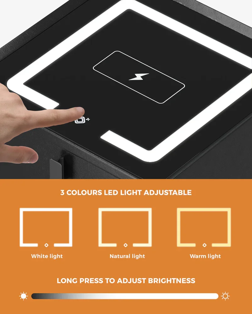 Smart Bedside Table Wireless Charging LED Lights 3 Drawers Black - Image 2