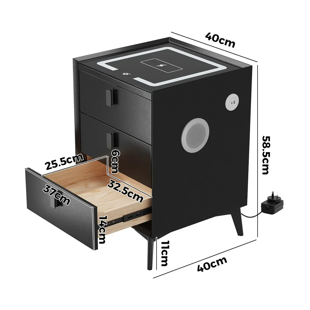 Smart Bedside Table Wireless Charging LED Lights 3 Drawers Black - Image 7