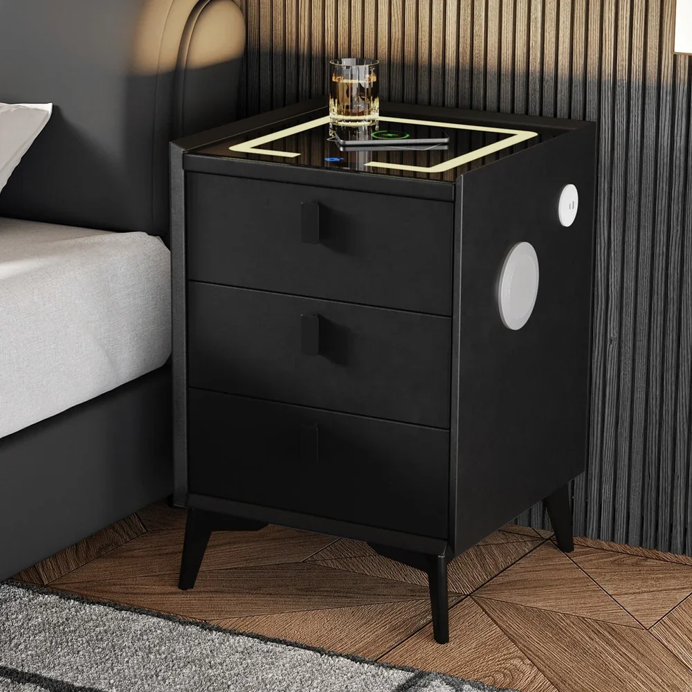 Smart Bedside Table Wireless Charging LED Lights 3 Drawers Black - Image 8
