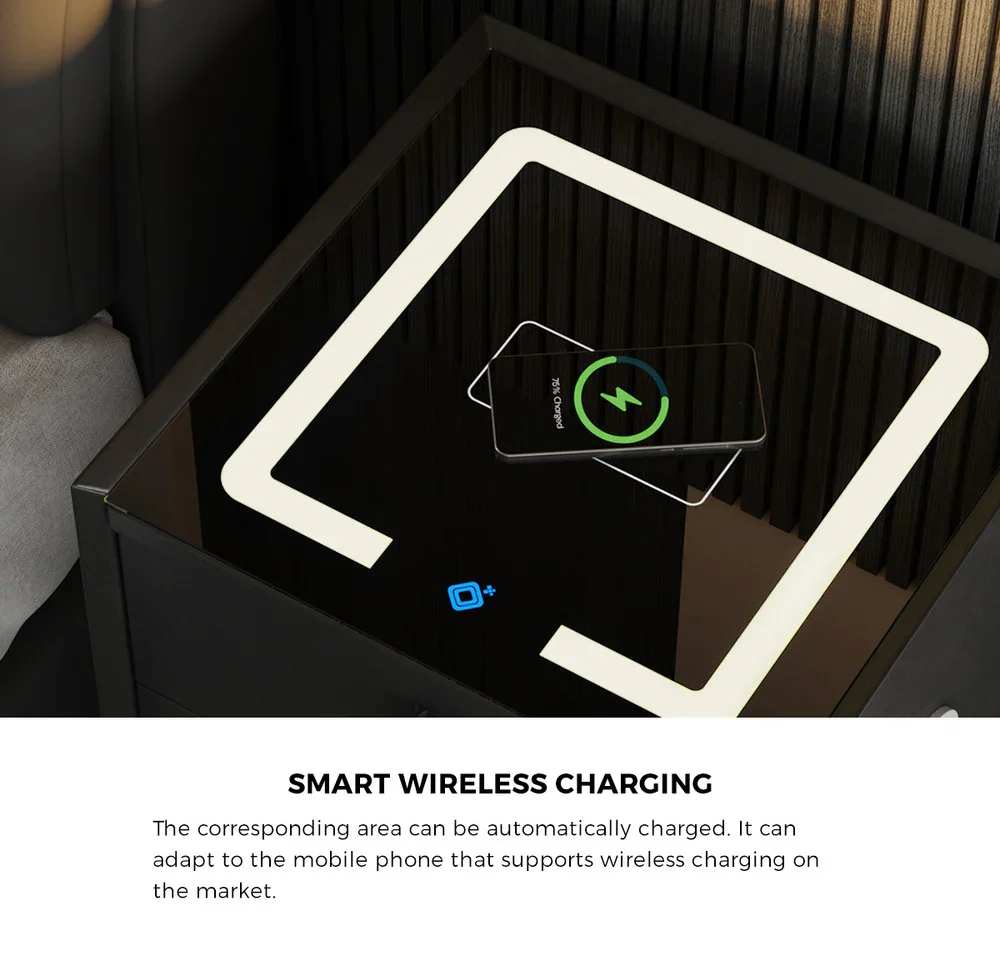 2x Smart Bedside Tables Wireless Charging LED 3 Drawers Black - Image 8