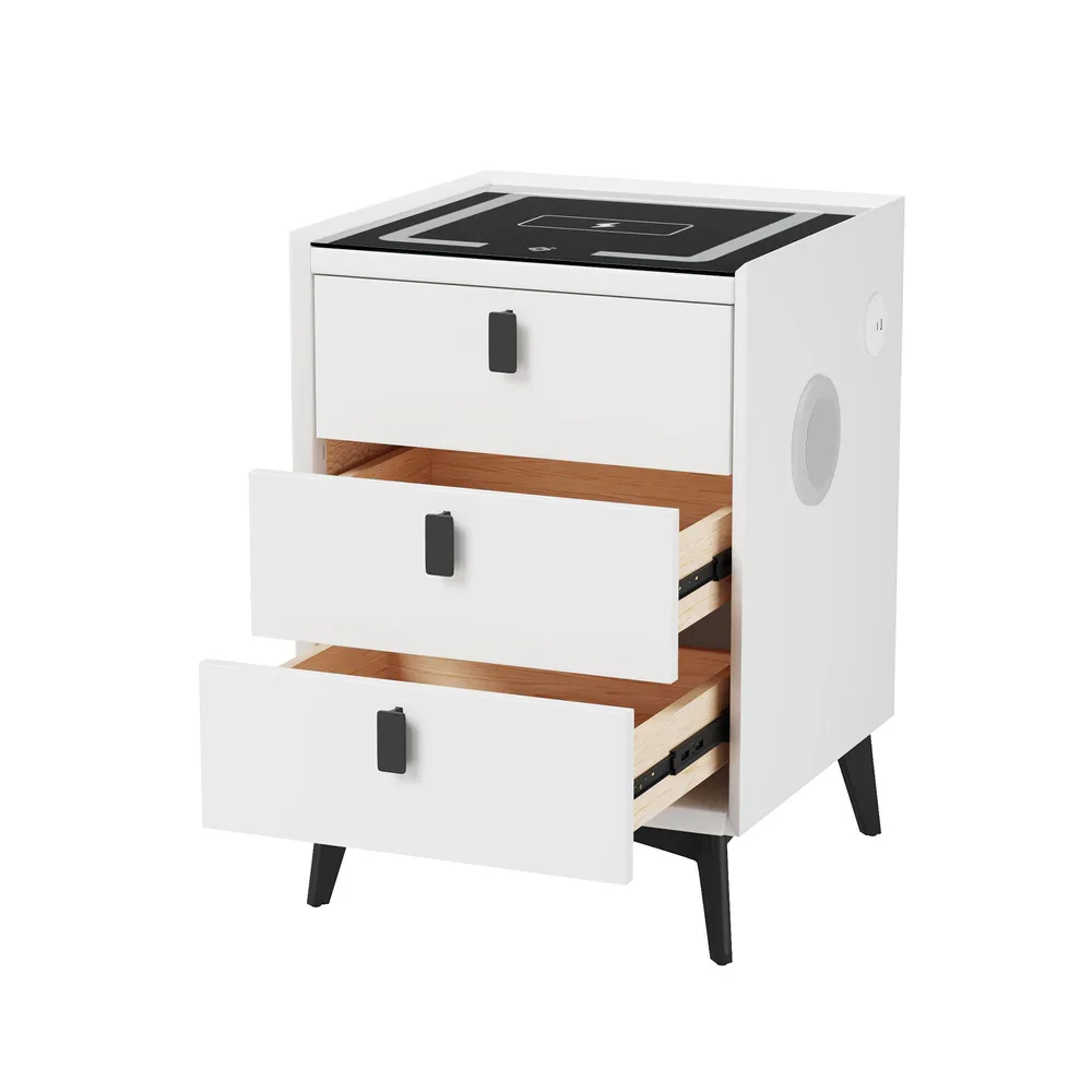 Smart Bedside Table Wireless Charging LED 3 Drawers White - Image 3