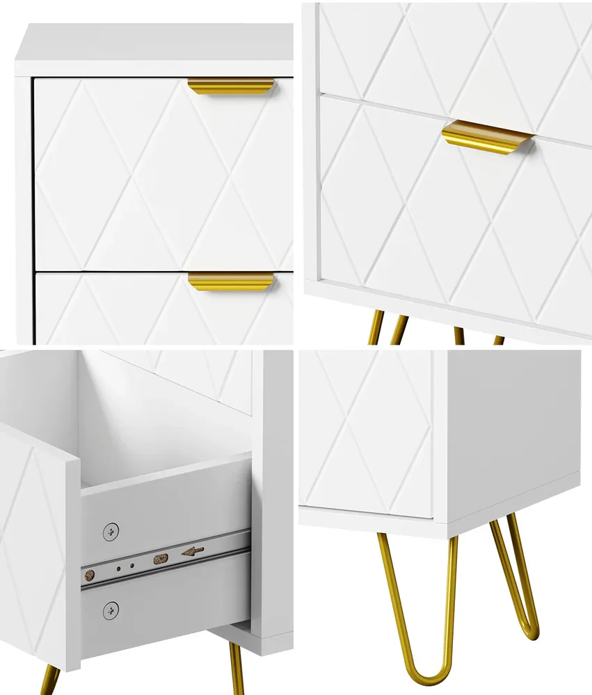 Bedside Table 2 Drawers Gold Metal Nightstand White - Image 6